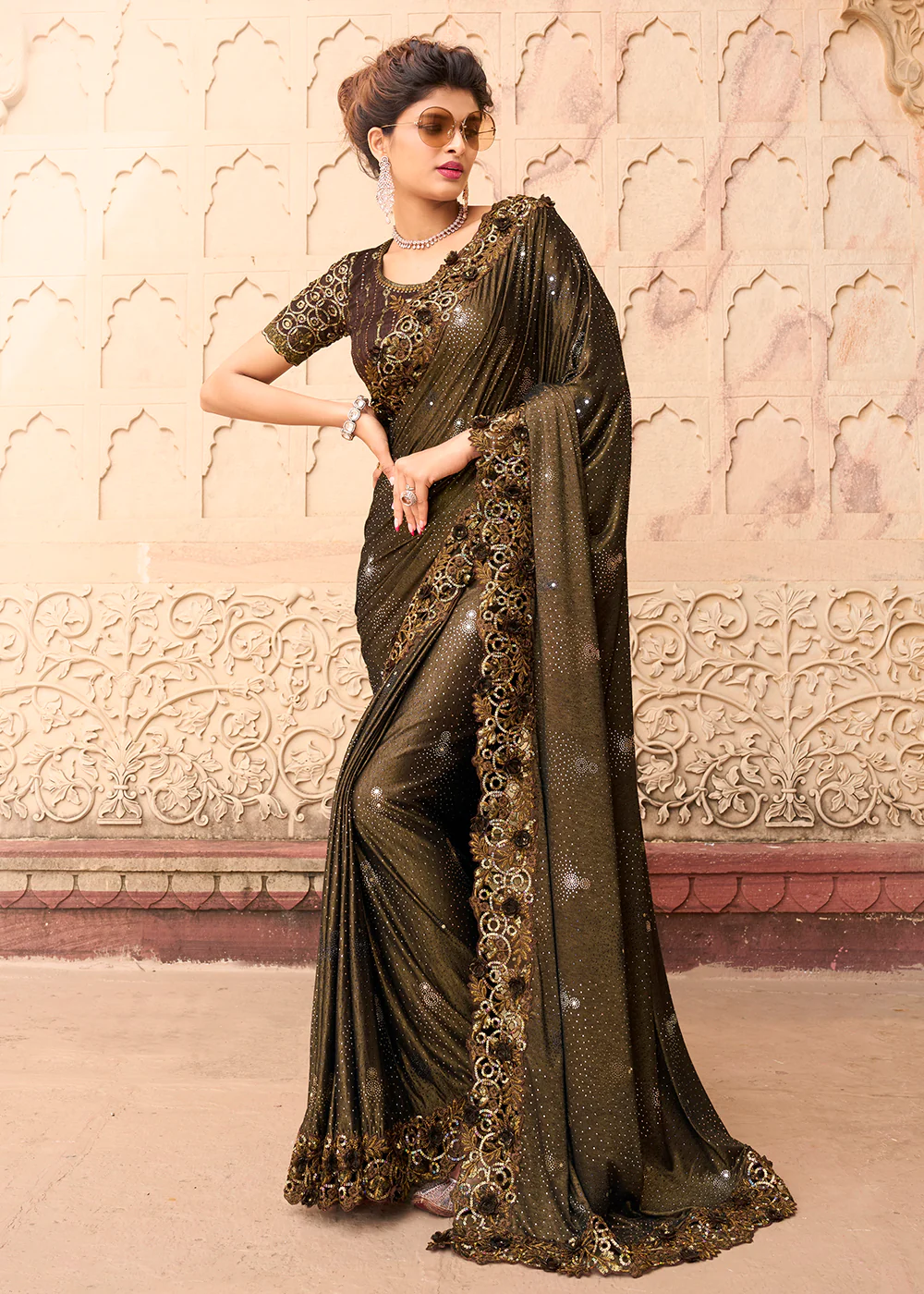 Chocolate Brown Applique Net Designer Bridal Party Wear Saree