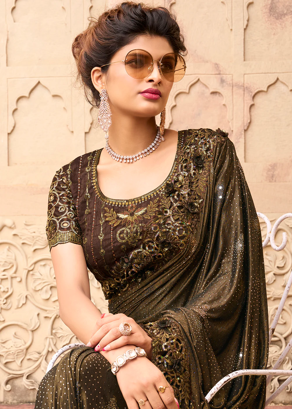 Chocolate Brown Applique Net Designer Bridal Party Wear Saree - Image 2
