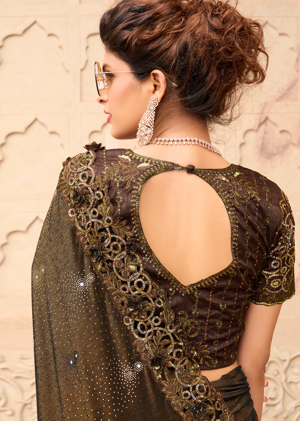 Chocolate Brown Applique Net Designer Bridal Party Wear Saree - Image 3
