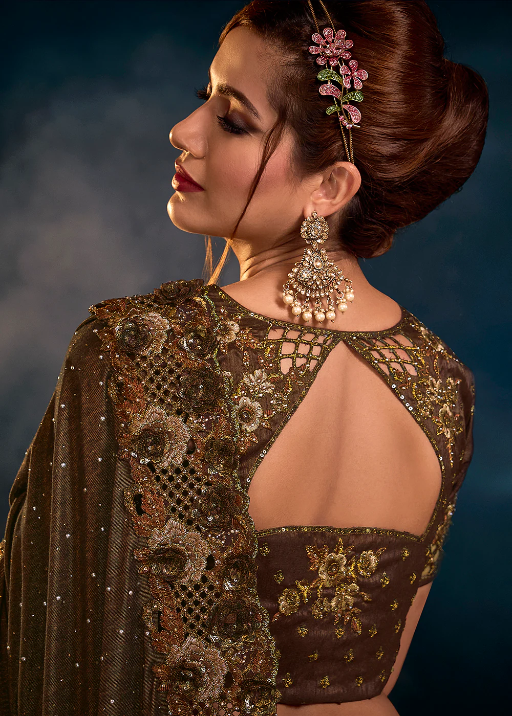 Chocolate Brown Premium Net Heavy Embroidered Designer Saree - Image 3