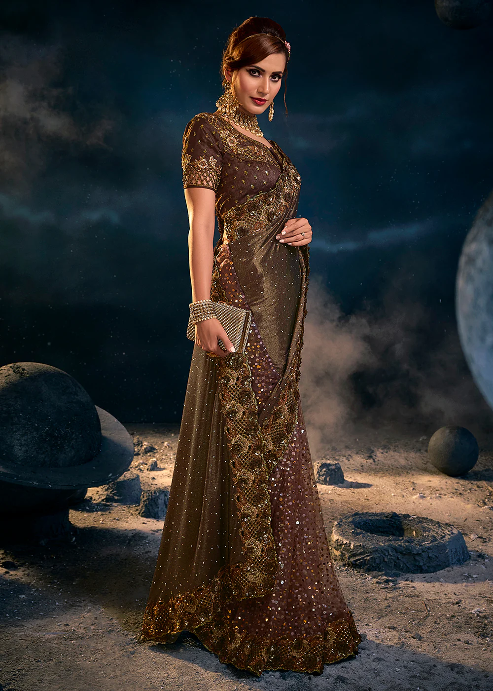 Chocolate Brown Premium Net Heavy Embroidered Designer Saree - Image 4