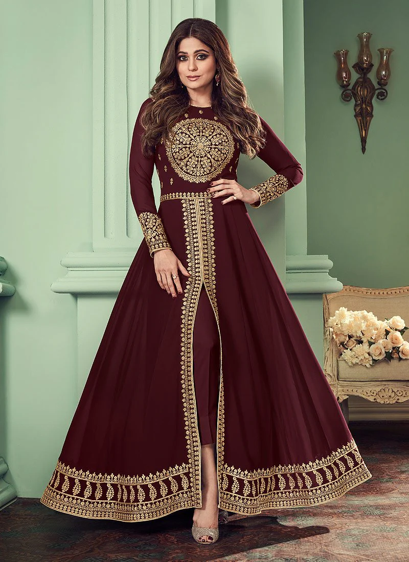 Chocolate Maroon Slit Style Anarkali Featuring Shamita Shetty