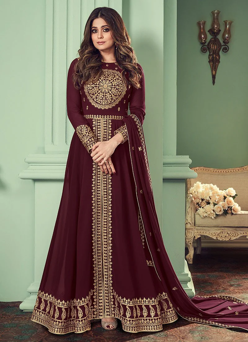Chocolate Maroon Slit Style Anarkali Featuring Shamita Shetty - Image 2