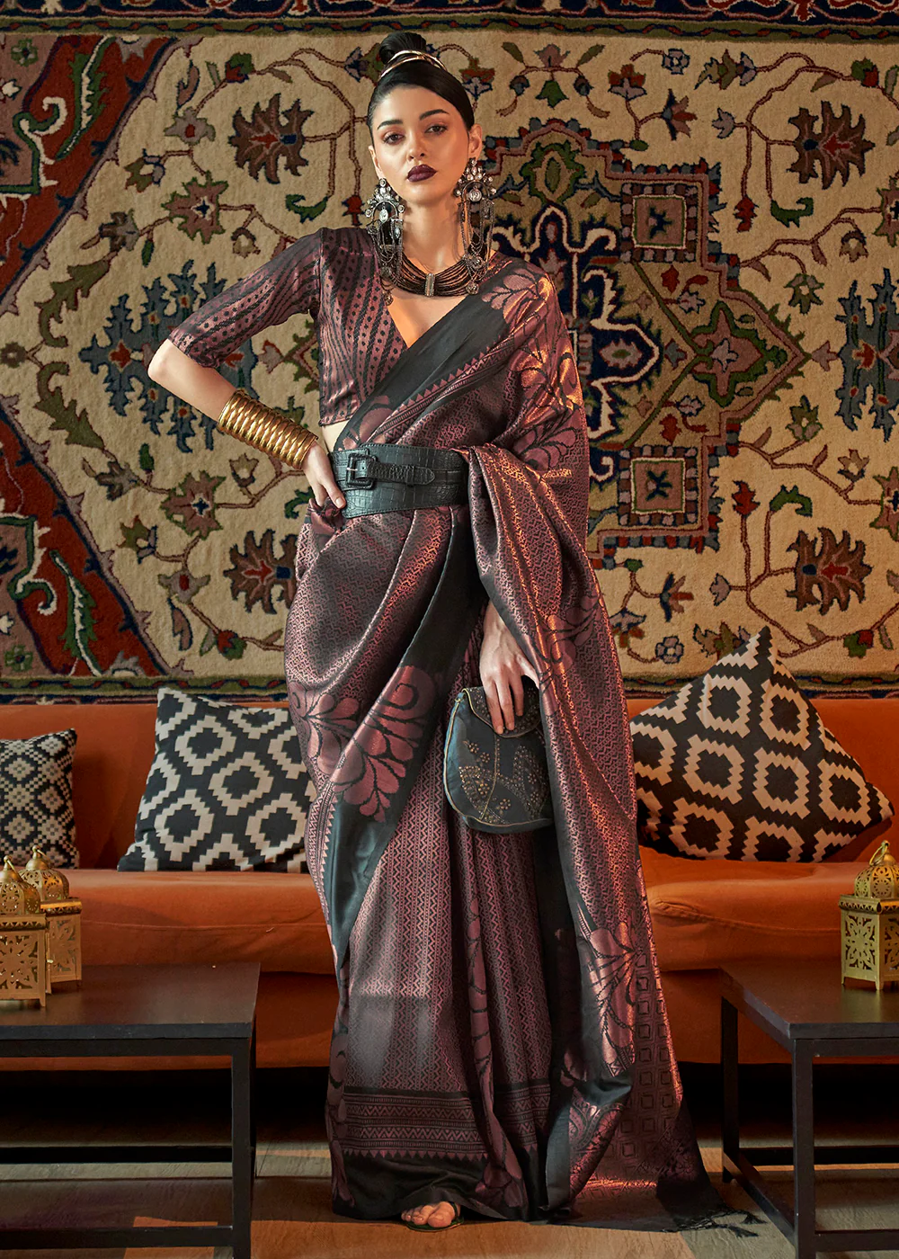 Classic Black Blended Woven Zari Brocade Silk Saree