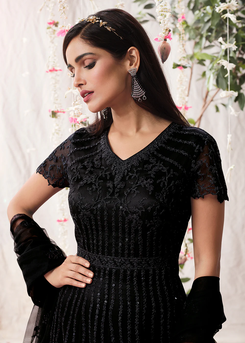 Classic Black Wedding Festive Floor Length Anarkali Suit - Image 2
