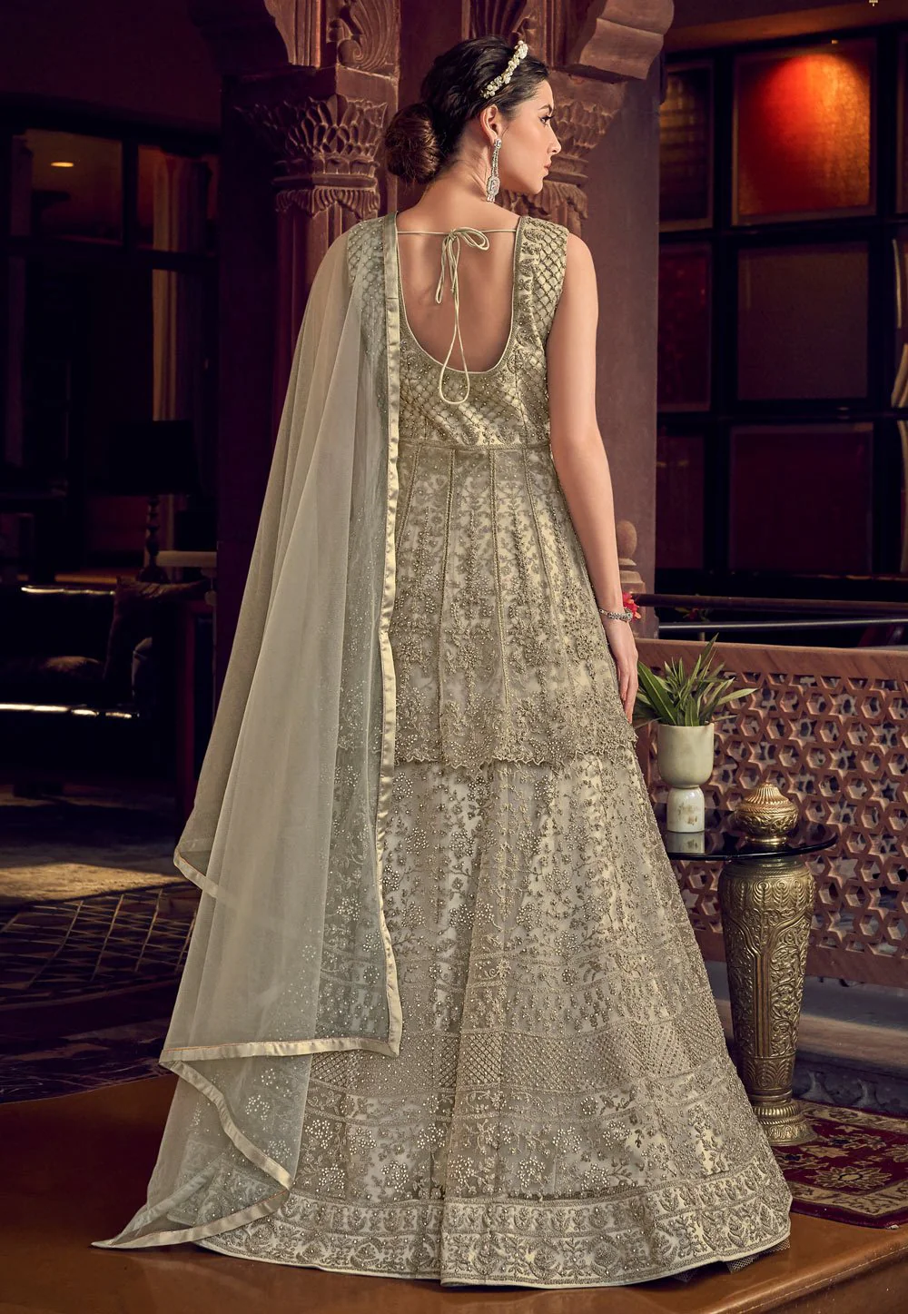Classic Off-White Net Embroidered Designer Anarkali Suit - Image 3