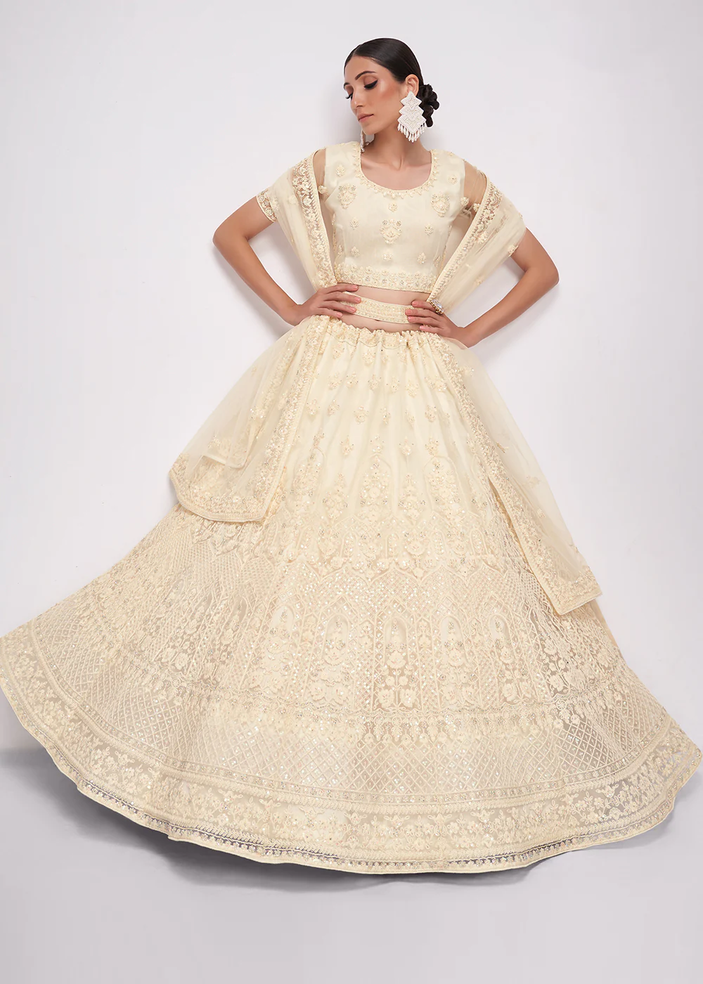 Classic Off White Cording Designer Wedding Bridal Lehenga Choli - Image 3