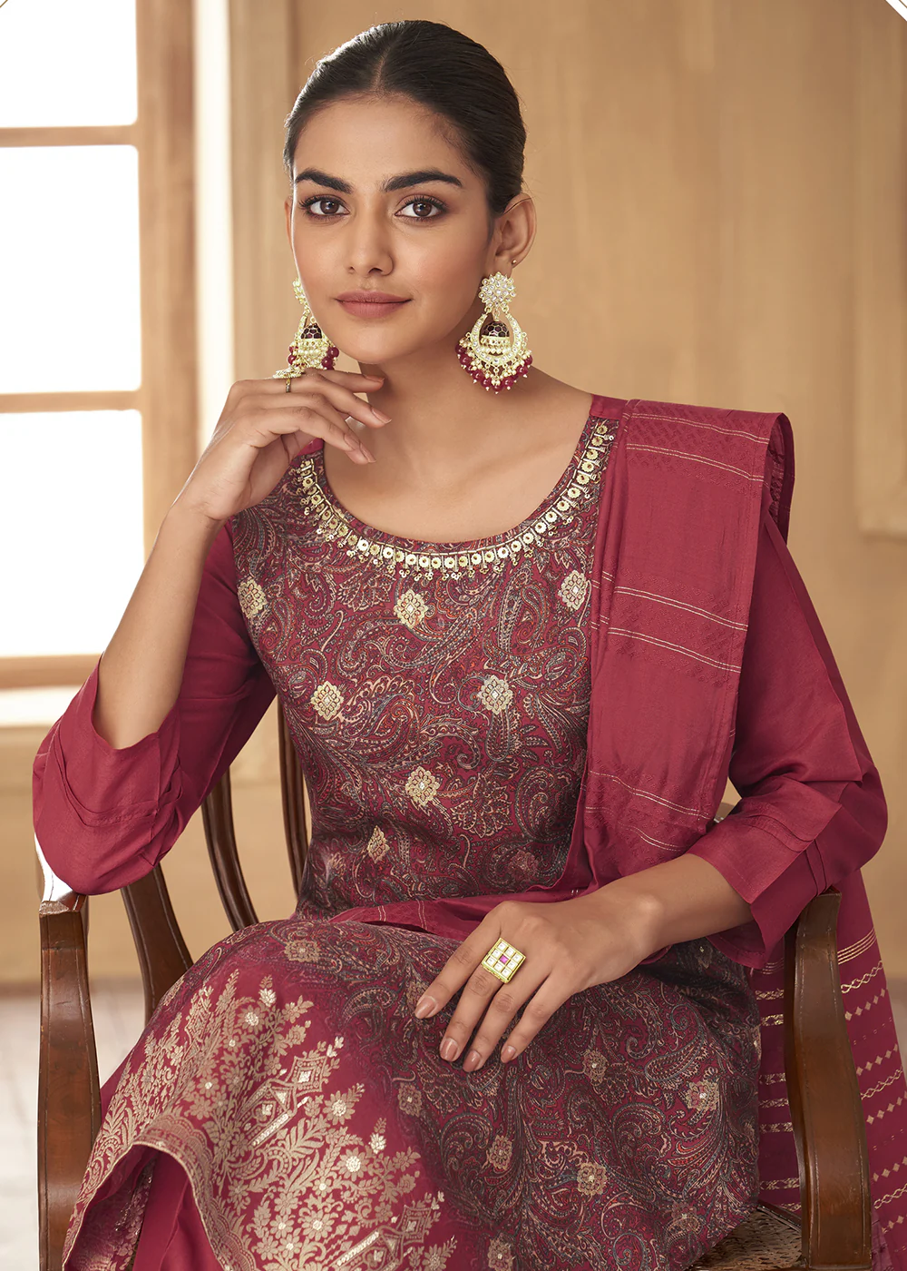Classic Red Russian Silk Embroidered Pant Style Suit - Image 2