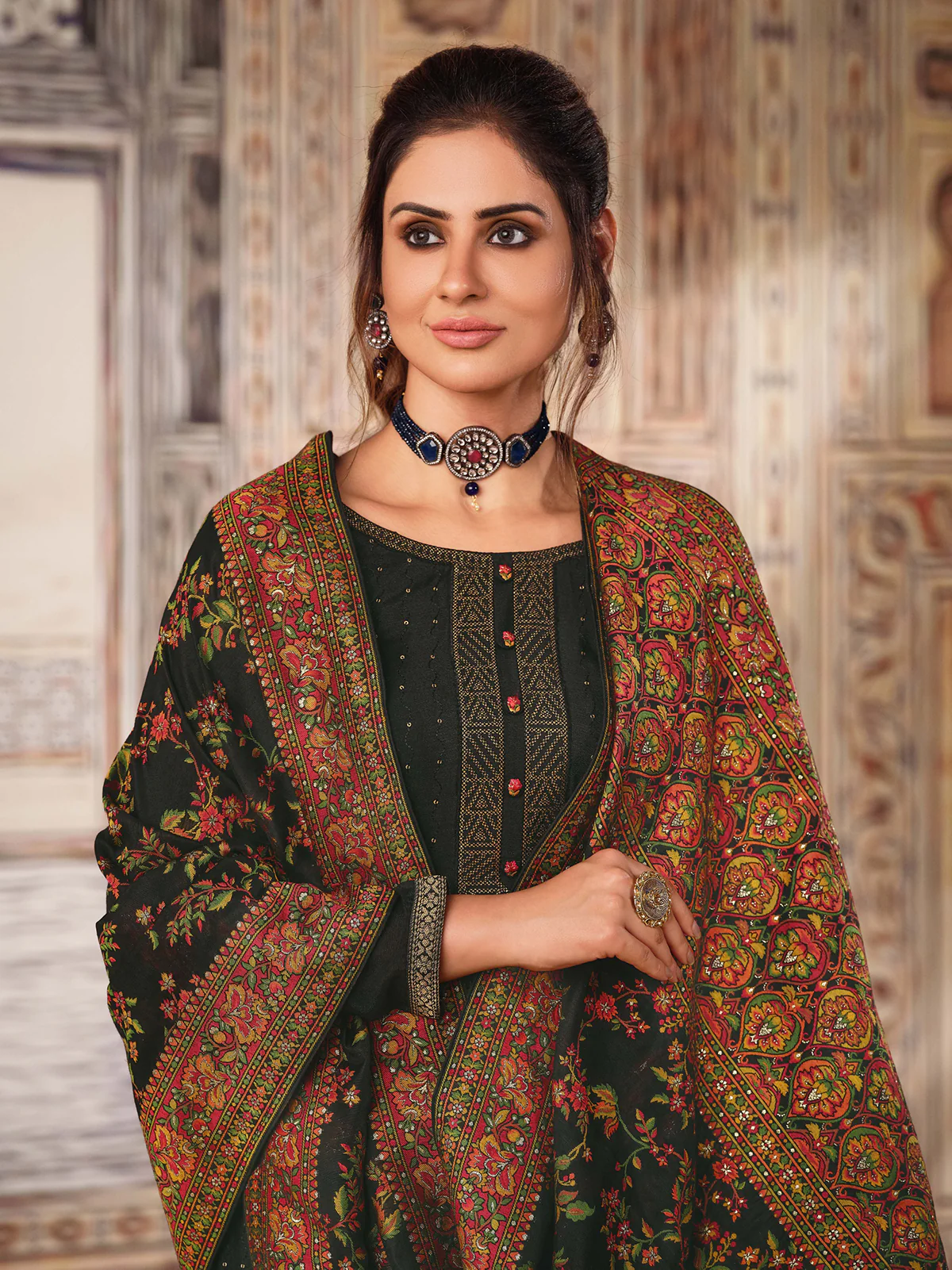Classy Black Chinnon Sequins Embroidered Pant Style Suit - Image 2
