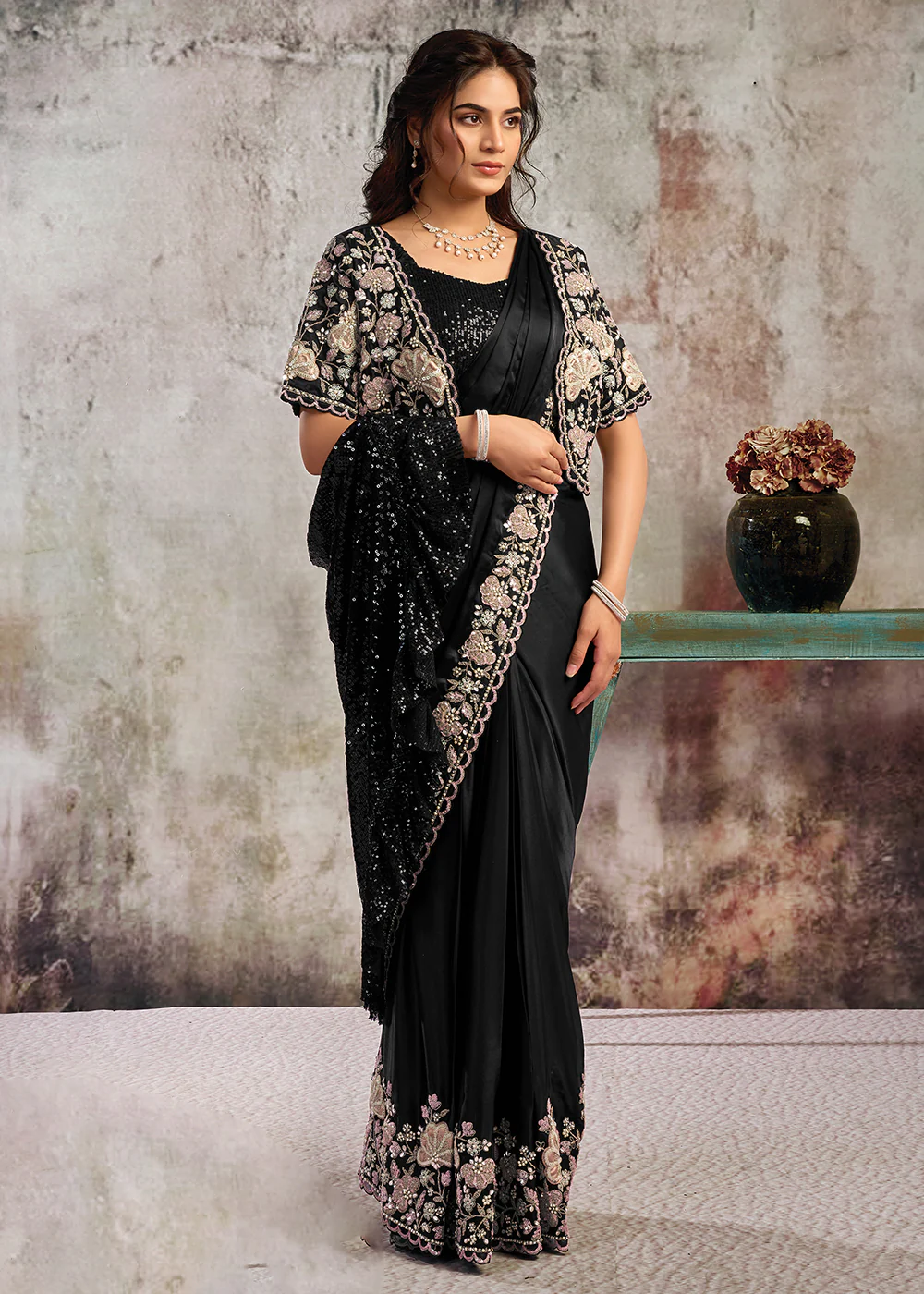 Classy Black Designer Party Wear Pre Draped Saree