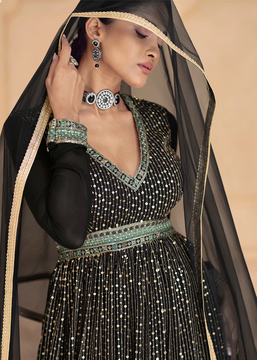 Classy Black Real Georgette Embroidered Long Anarkali Gown - Image 2