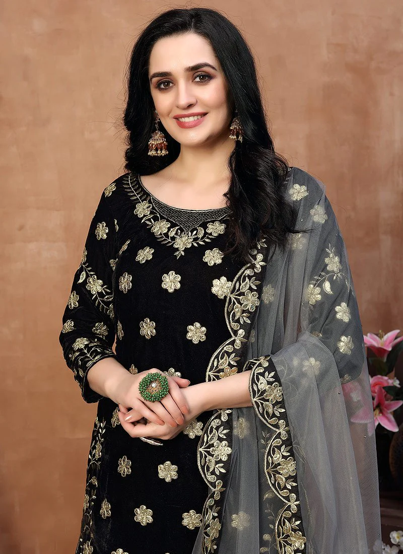 Classy Black Embroidered Designer Velvet Patiala Suit - Image 2