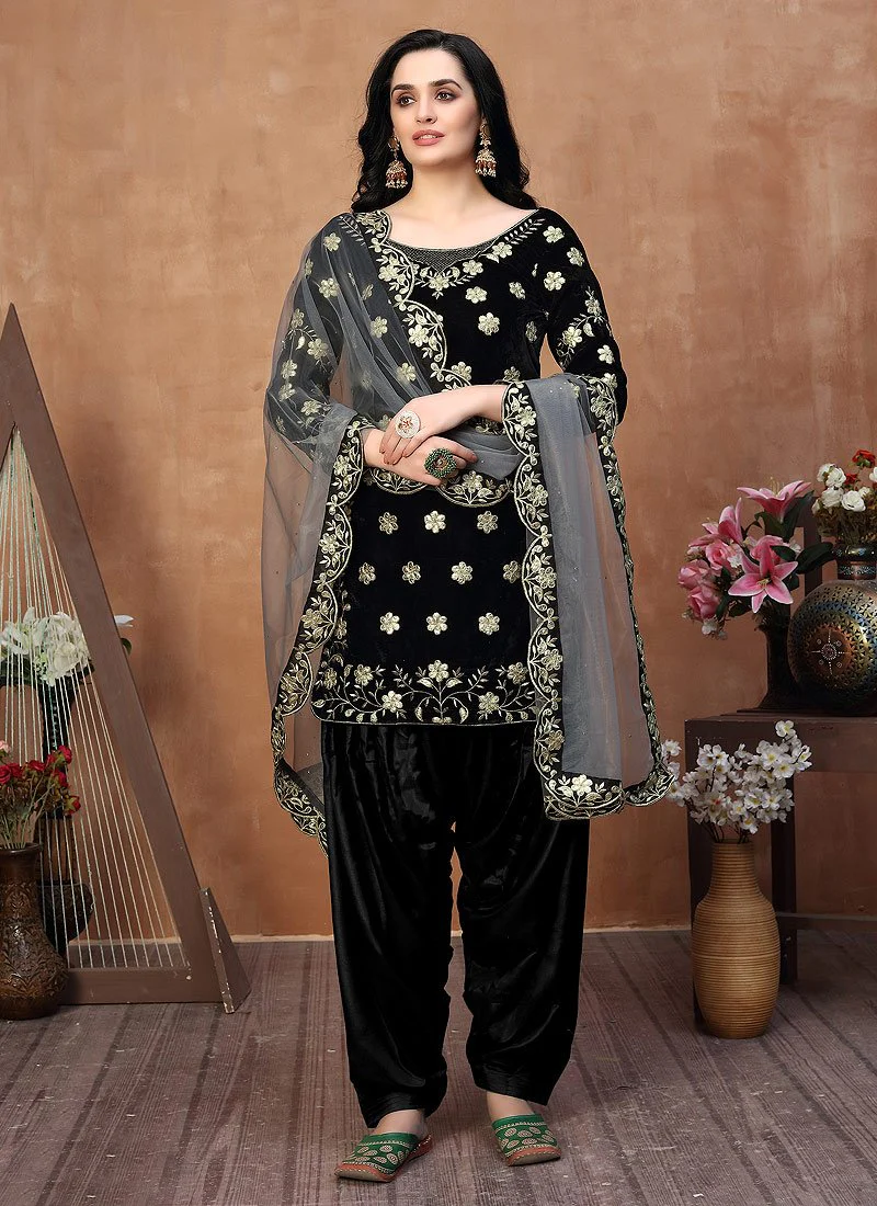 Classy Black Embroidered Designer Velvet Patiala Suit - Image 3