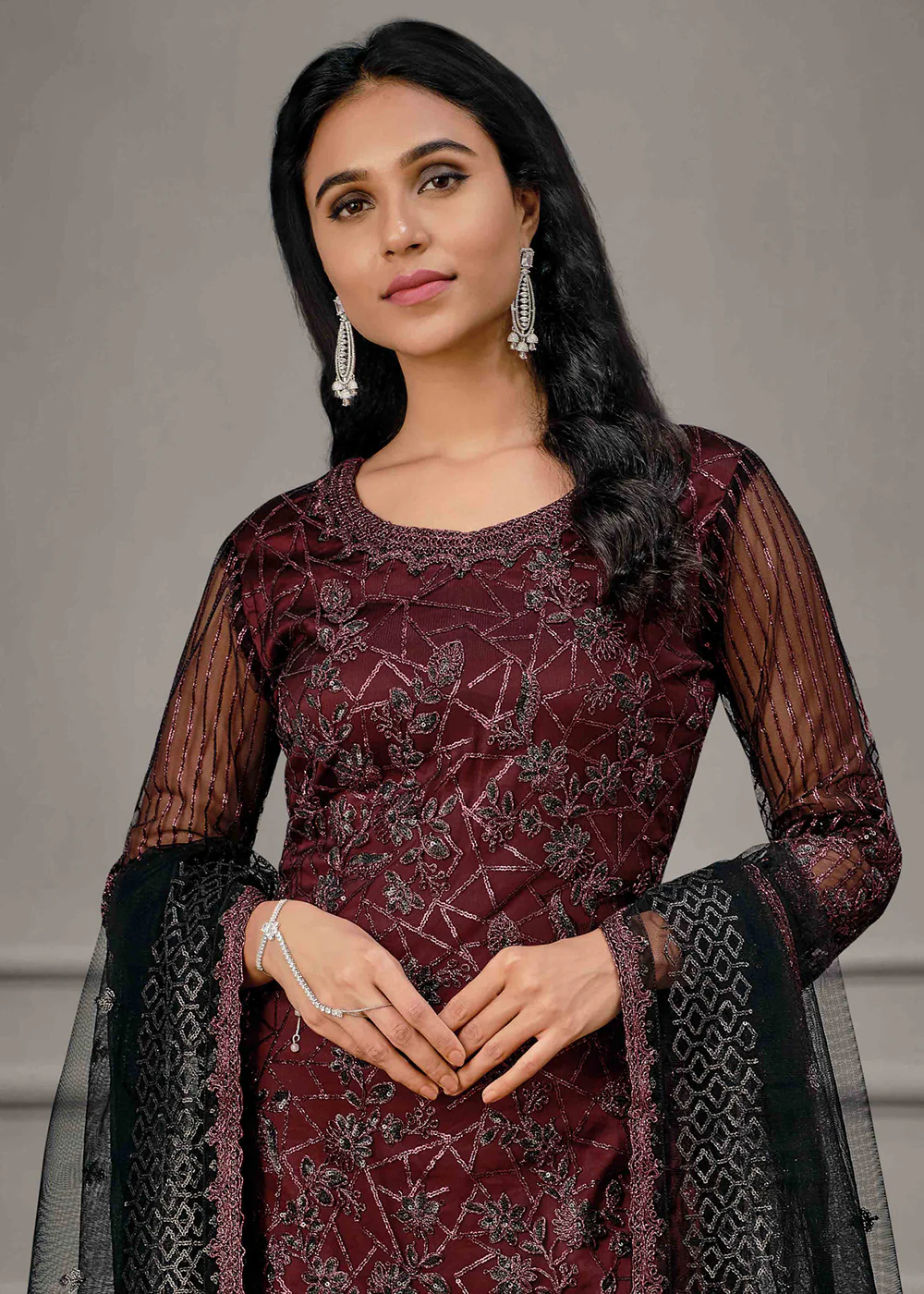 Classy Maroon Wedding Wear Net Embroidered Salwar Suit - Image 2