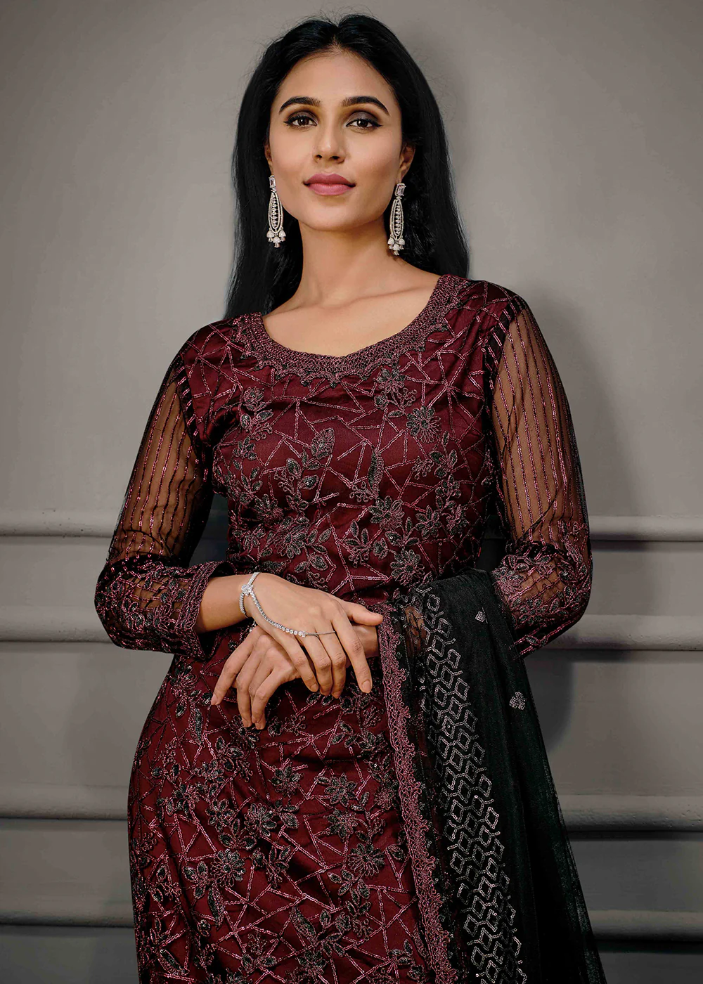 Classy Maroon Wedding Wear Net Embroidered Salwar Suit - Image 3