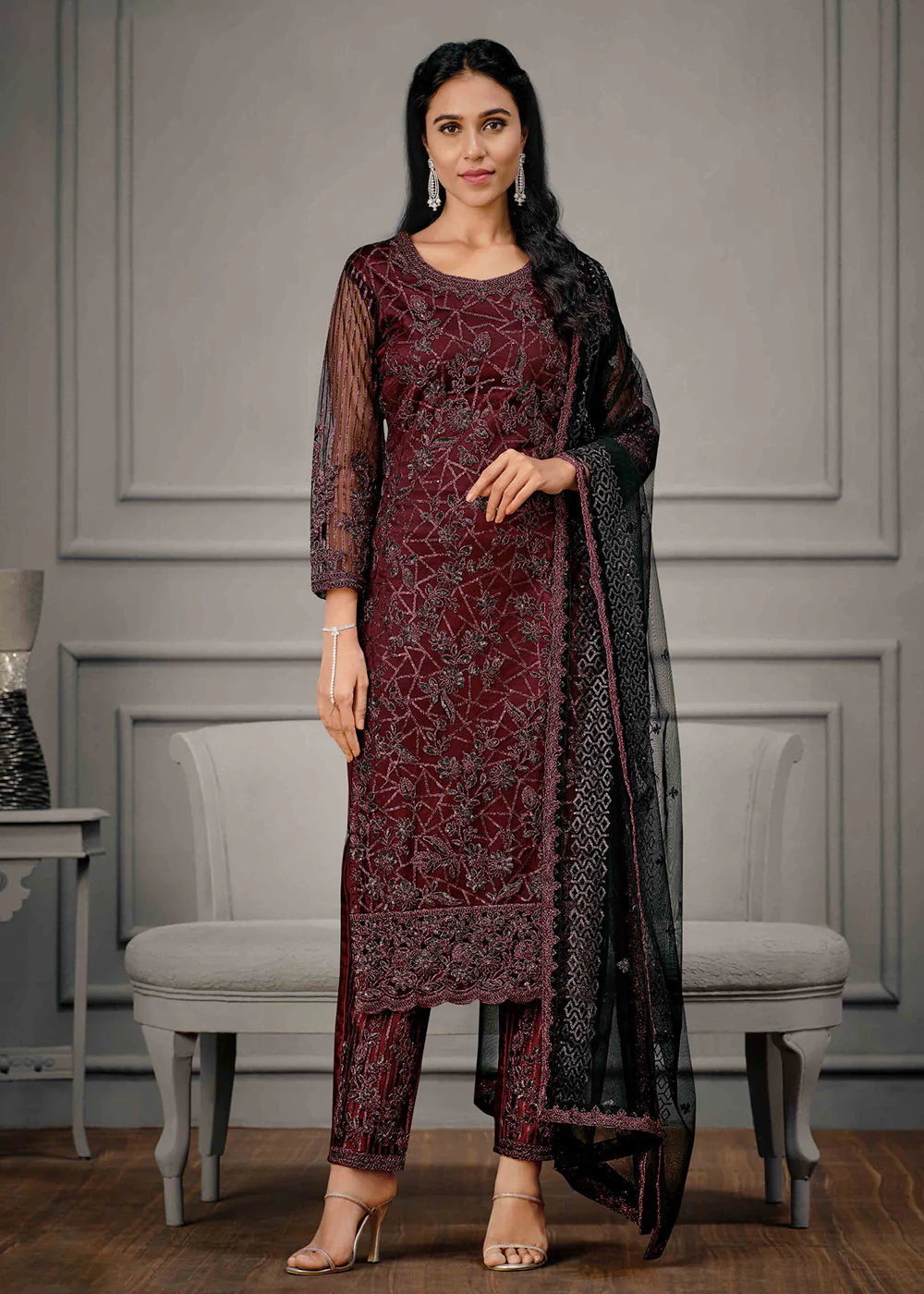 Classy Maroon Wedding Wear Net Embroidered Salwar Suit - Image 4