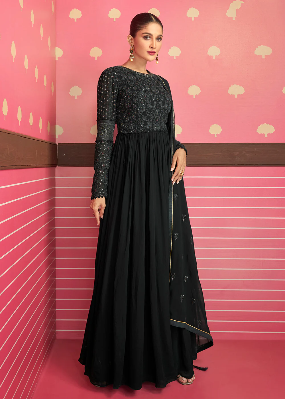 Classy Midnight Black Embroidered Long Palazzo Suit