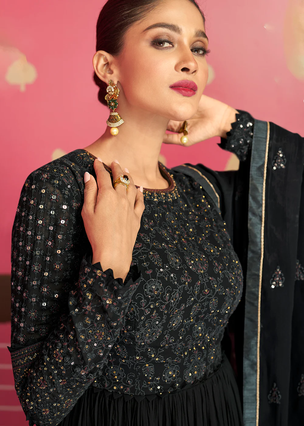 Classy Midnight Black Embroidered Long Palazzo Suit - Image 2