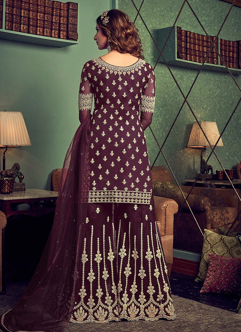 Classy Wine Embroidered Party Wear Sharara Suit - Image 3