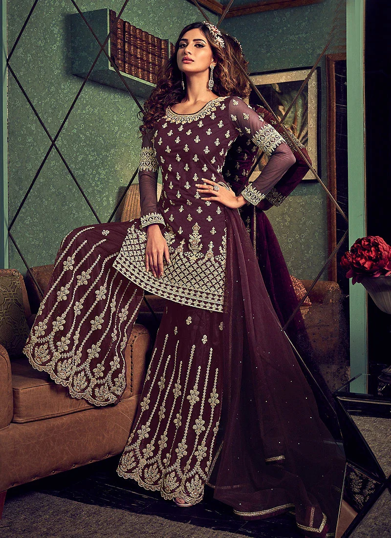 Classy Wine Embroidered Party Wear Sharara Suit - Image 4