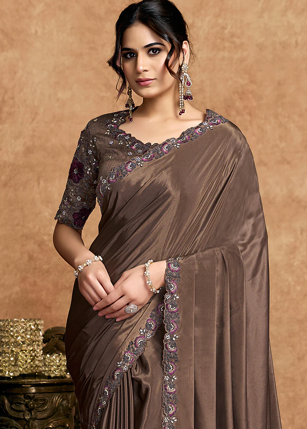 Coffee Brown Embroidered Wedding Festive Wear Saree - Image 2
