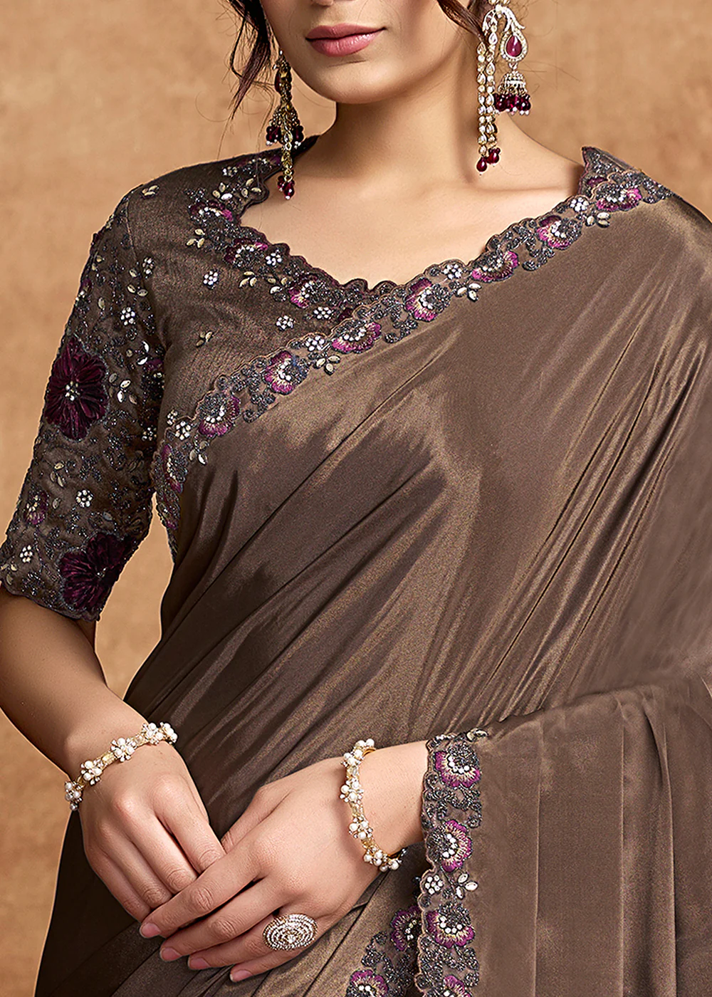Coffee Brown Embroidered Wedding Festive Wear Saree - Image 6