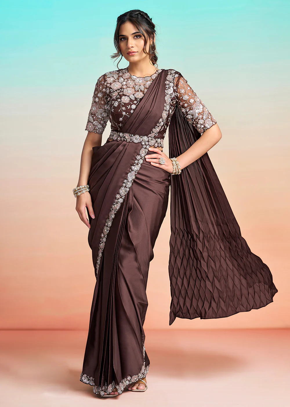 Coffee Brown Wedding Party Ready to Wear Saree