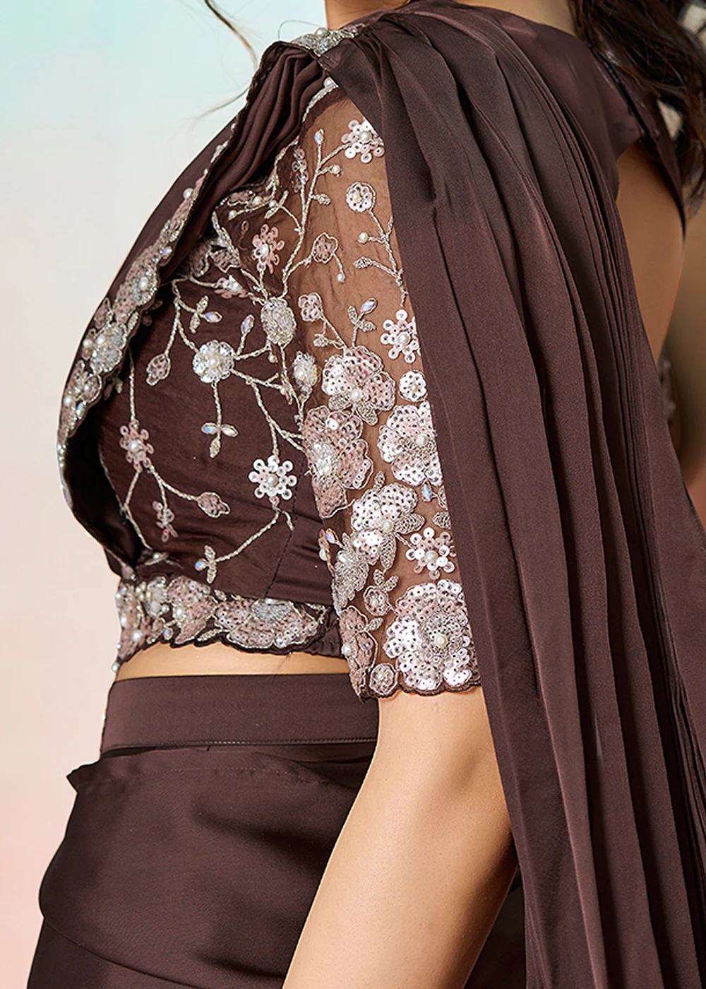 Coffee Brown Wedding Party Ready to Wear Saree - Image 6