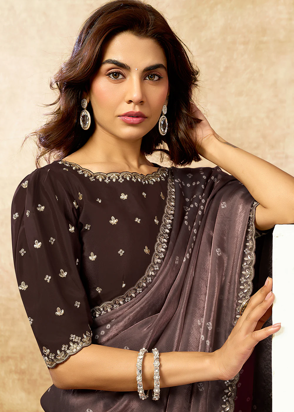 Coffee Two Tone Satin Silk Printed & Embroidered Festive Saree - Image 2