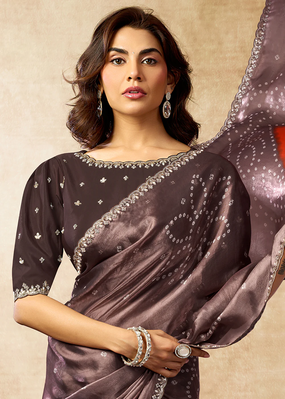 Coffee Two Tone Satin Silk Printed & Embroidered Festive Saree - Image 3