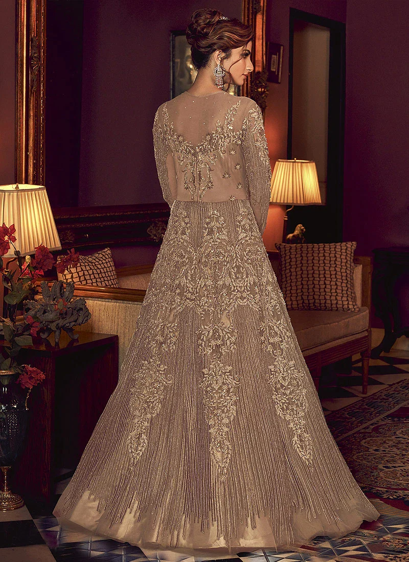 Copper Brown Heavy Embroidered Net Anarkali Suit - Image 2
