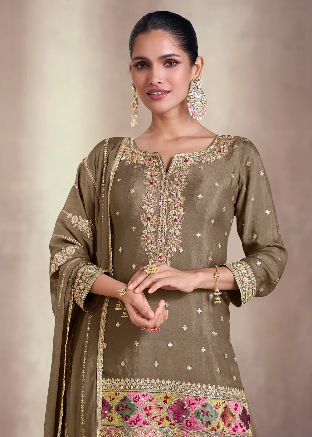 Copper Brown Embroidered Festive Sharara Style Suit - Image 2