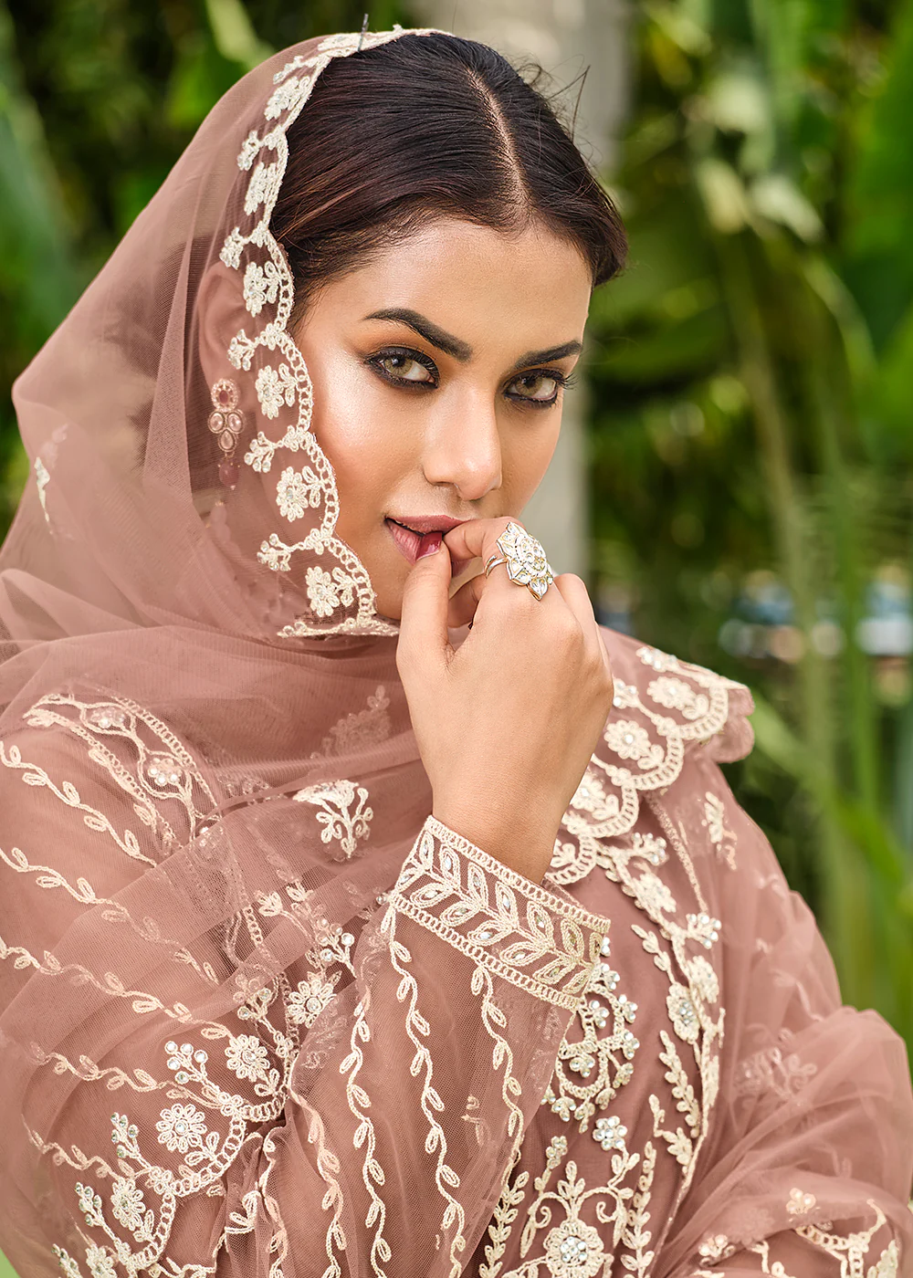 Copper Brown Stone & Cording Work Festive Palazzo Suit - Image 2