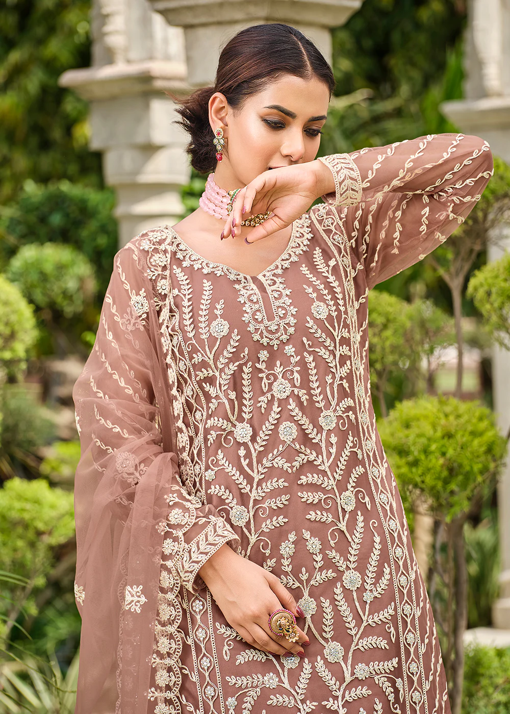 Copper Brown Stone & Cording Work Festive Palazzo Suit - Image 3