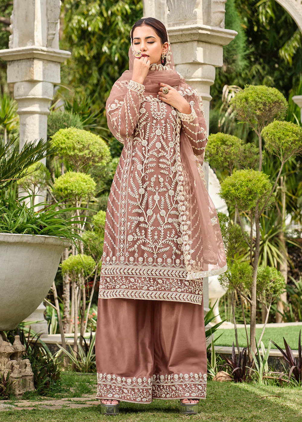 Copper Brown Stone & Cording Work Festive Palazzo Suit - Image 4