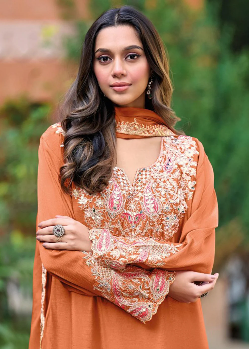 Coral Orange Embroidered Chinnon Palazzo Suit - Image 2
