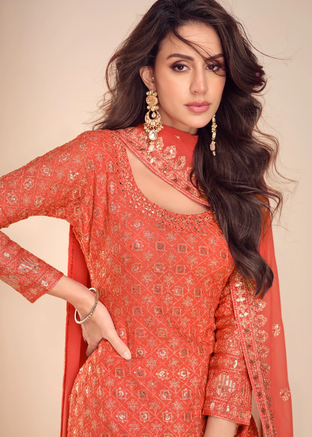 Coral Orange Georgette Gharara Style Festive Dress - Image 2