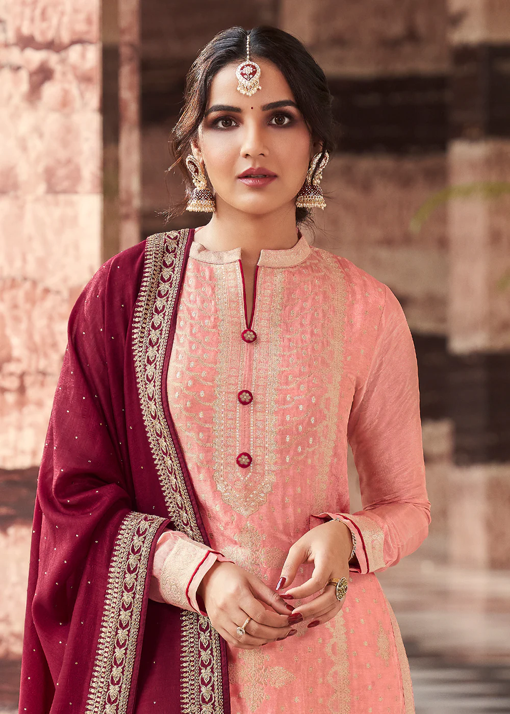 Coral Peach Dola Silk Jacquard Festival Salwar Kameez - Image 2