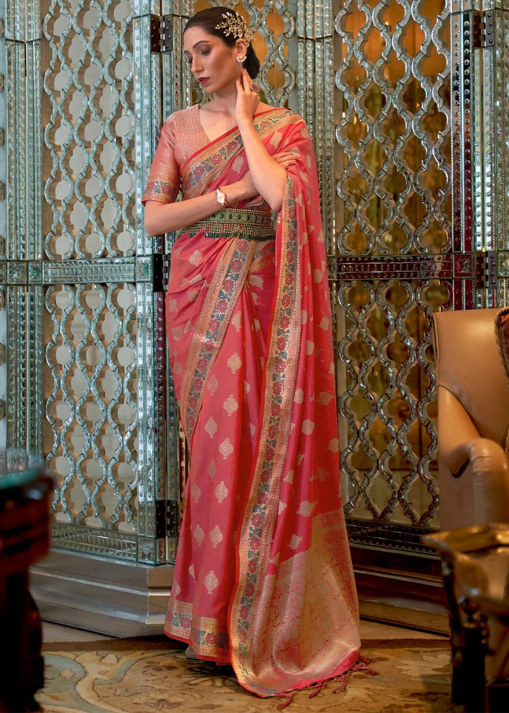 Coral Pink Banarasi Silk Authentic Indian Saree
