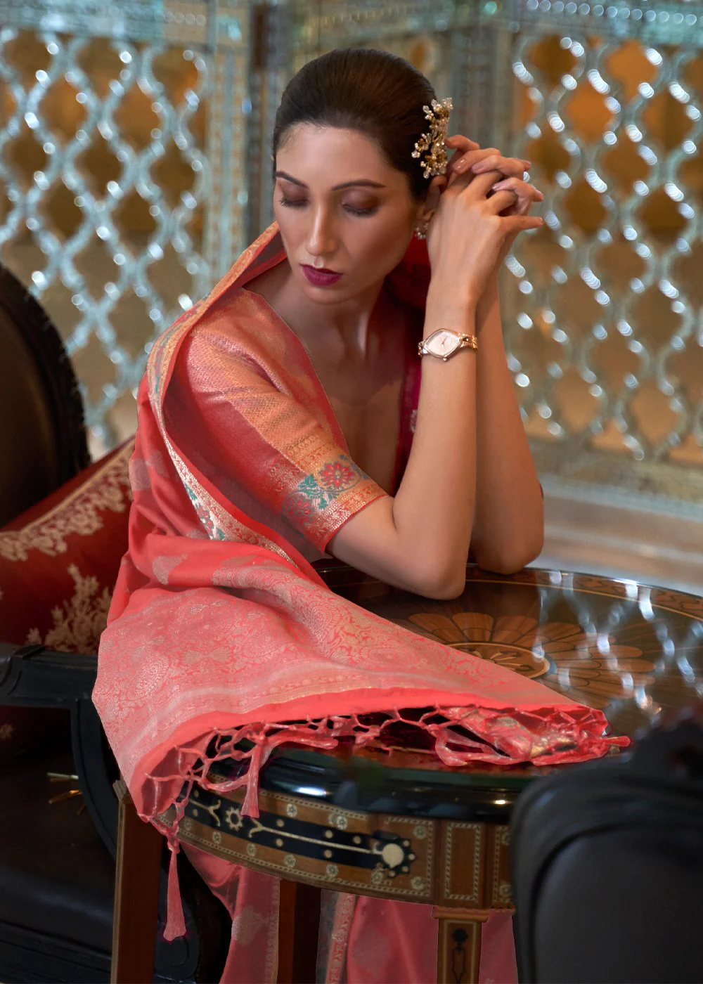 Coral Pink Banarasi Silk Authentic Indian Saree - Image 2