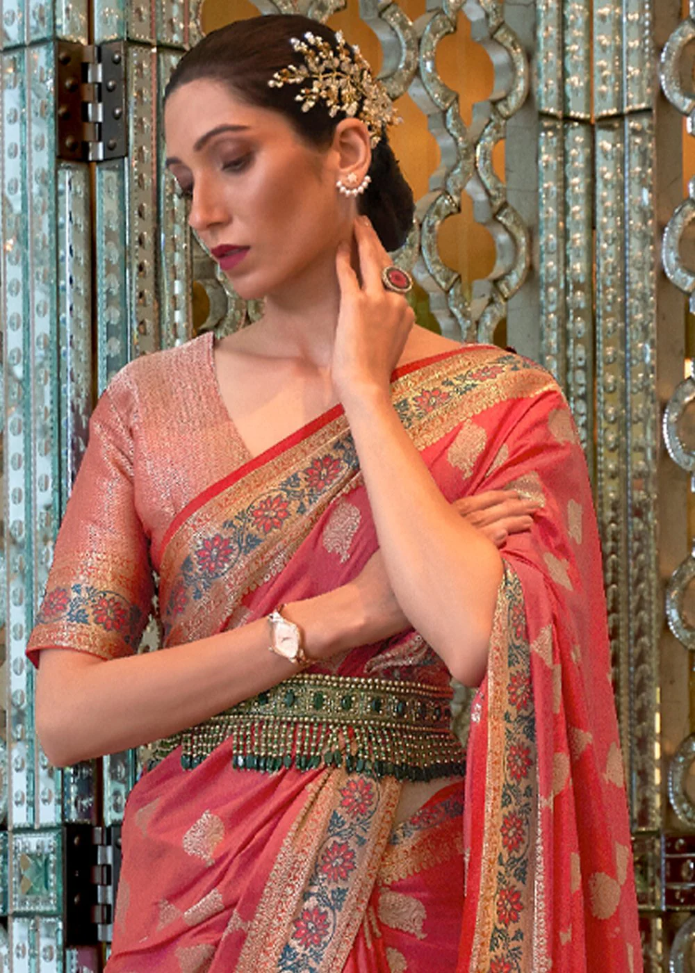 Coral Pink Banarasi Silk Authentic Indian Saree - Image 3