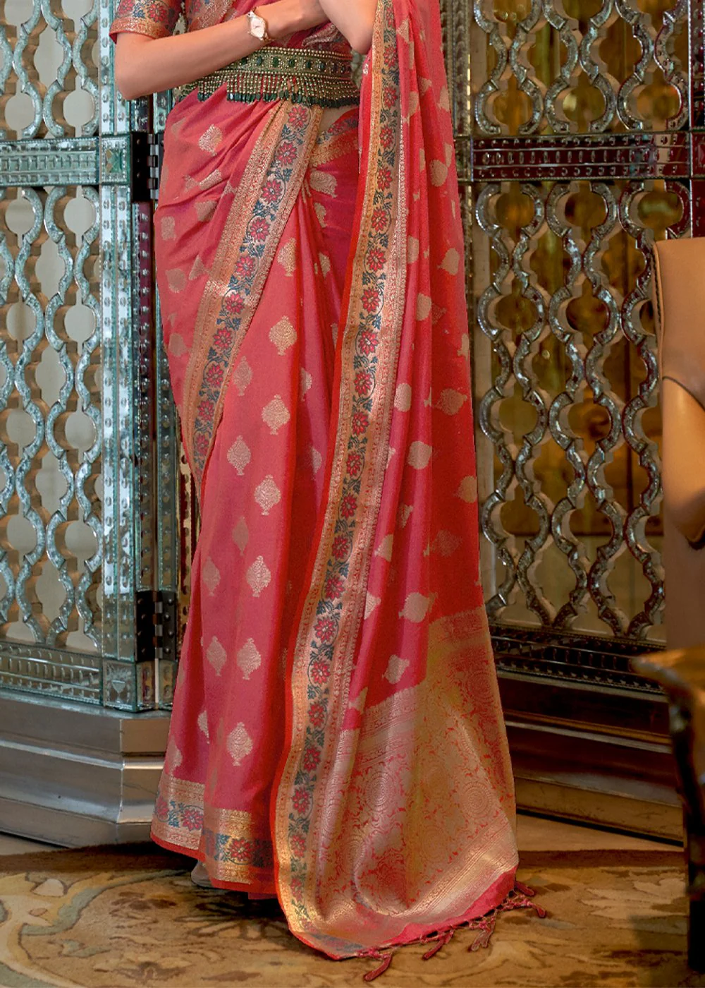 Coral Pink Banarasi Silk Authentic Indian Saree - Image 4