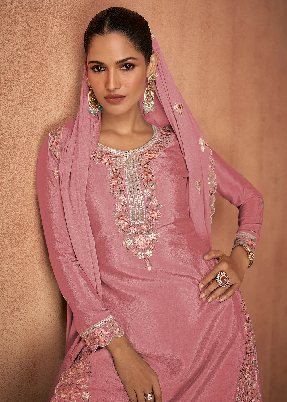 Coral Pink Chinnon Silk Festive Style Palazzo Suit - Image 2
