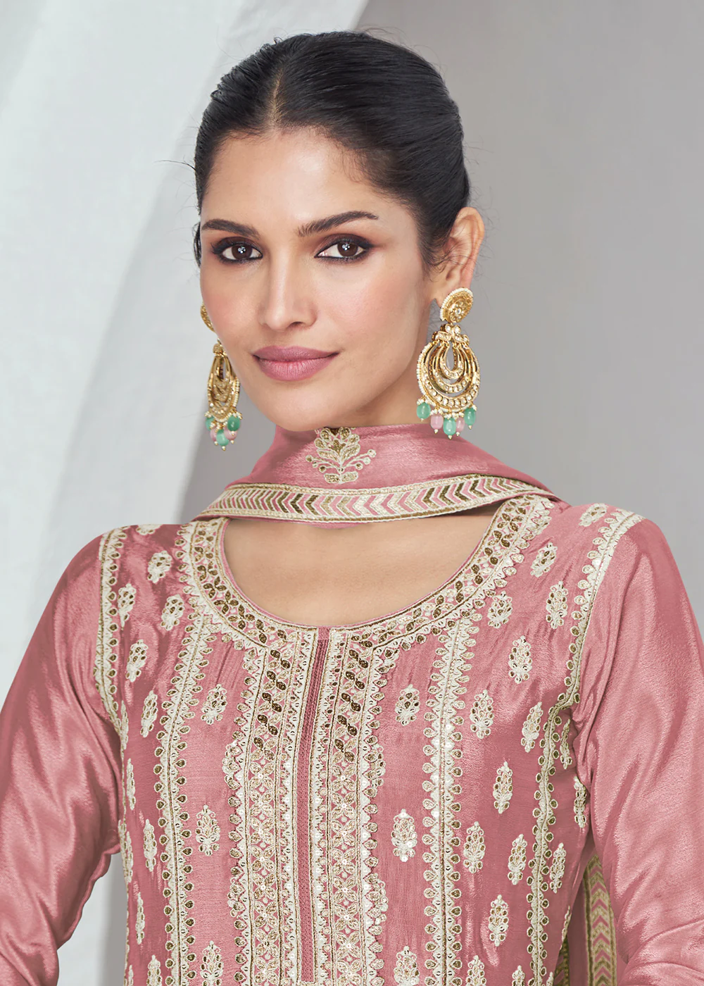 Coral Pink Chinnon Silk Wedding Festive Palazzo Dress - Image 2