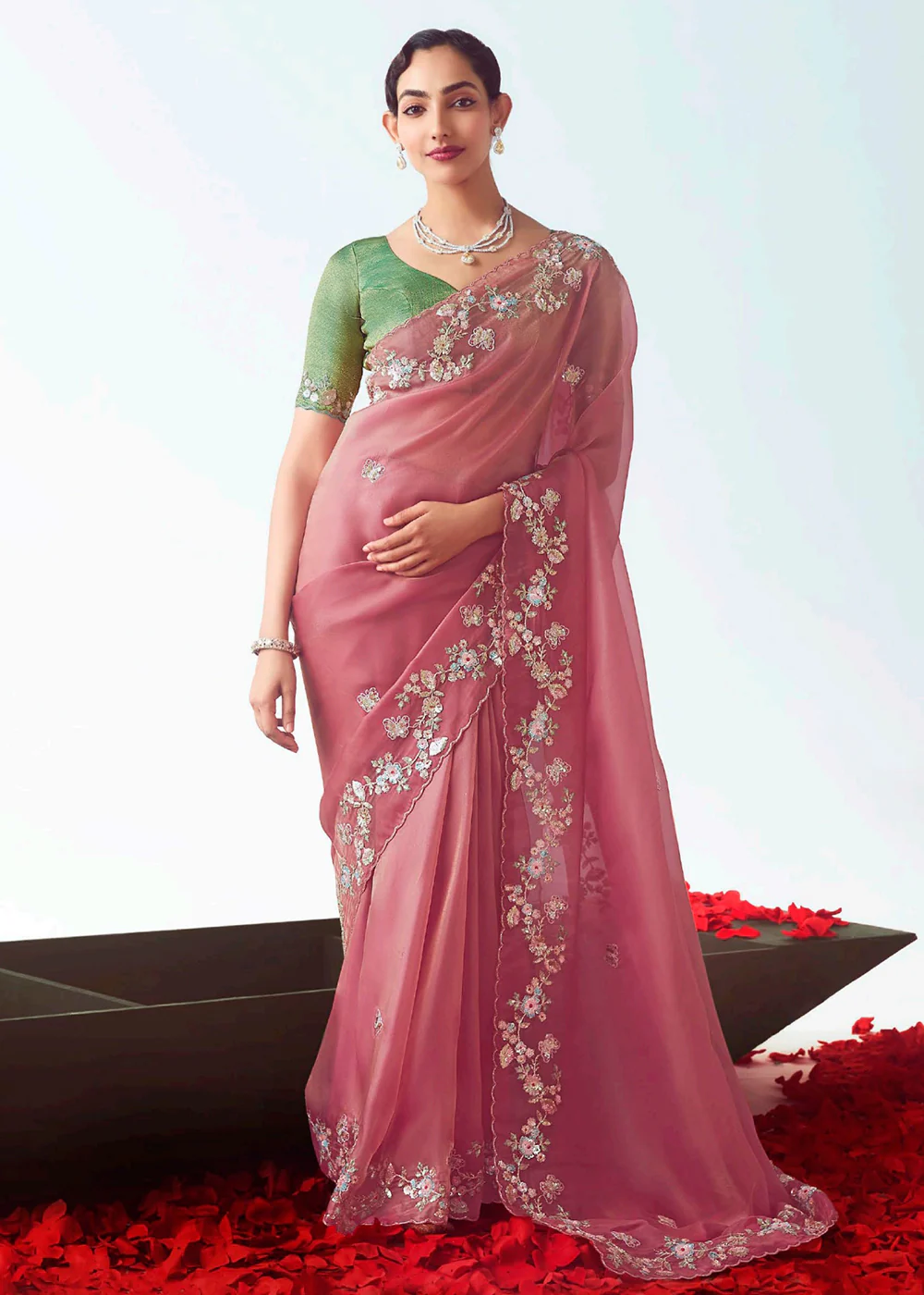 Coral & Pink Fancy Fabric Embroidered Designer Saree