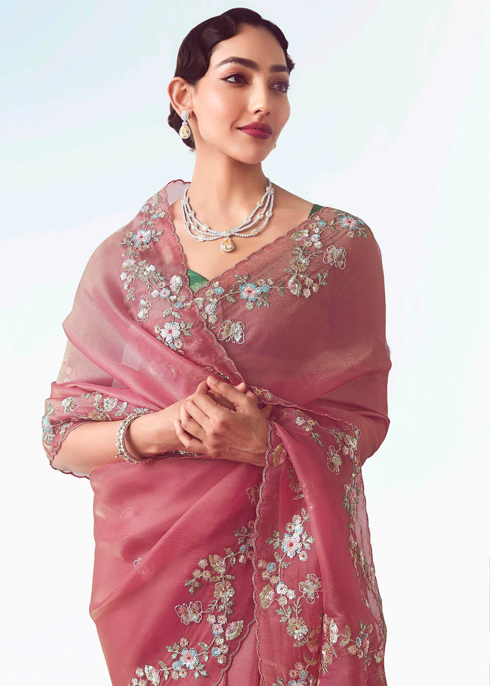 Coral & Pink Fancy Fabric Embroidered Designer Saree - Image 2