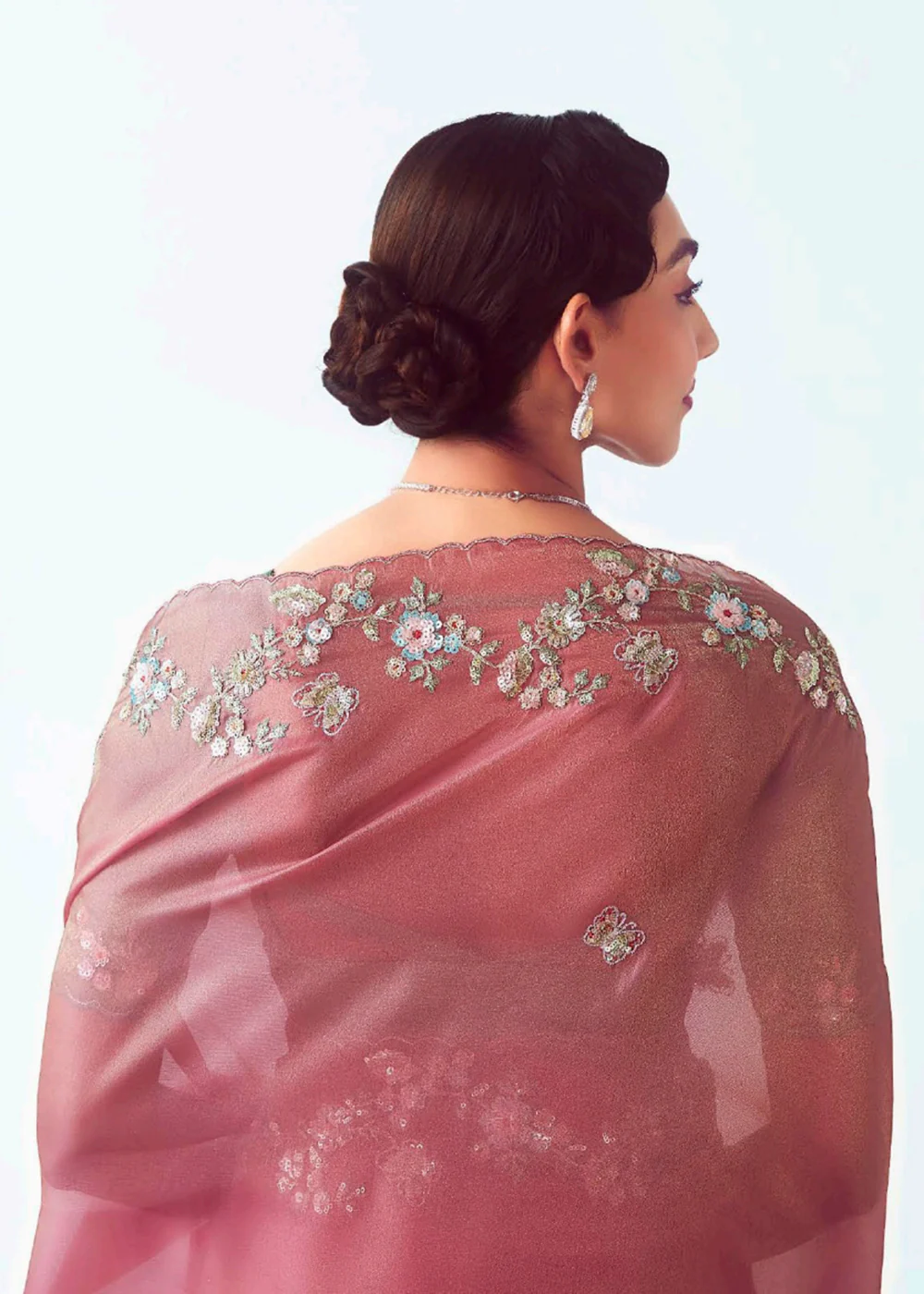 Coral & Pink Fancy Fabric Embroidered Designer Saree - Image 3