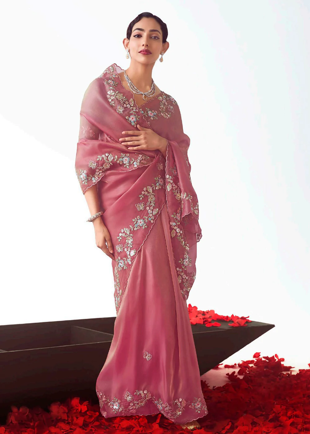 Coral & Pink Fancy Fabric Embroidered Designer Saree - Image 4