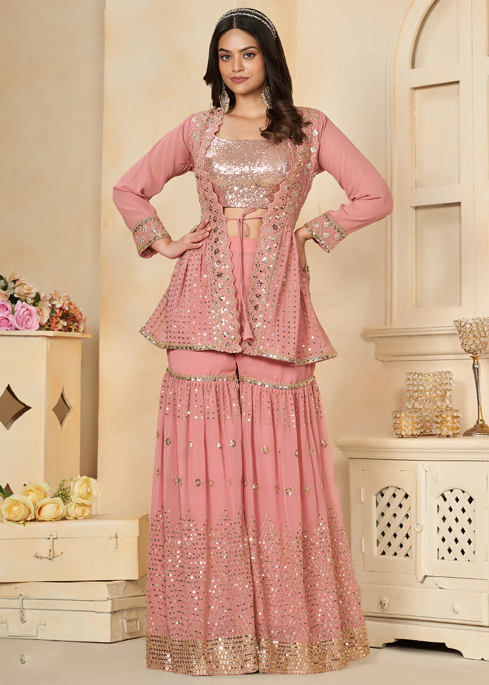 Coral Pink Faux Georgette Indo Western Gharara Style Suit - Image 4