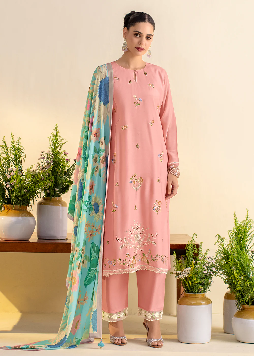 Coral Pink Lawn Material Embroidered Festive Salwar Suit